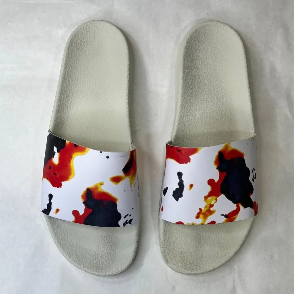 Under Armour Mens Size 14 White Slides With Abstract Red & Black Splatter Design